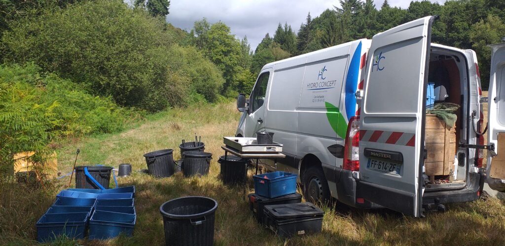 Inventaire piscicole sur le Trieux à Kerlidiguez le 09 09 2026. Préparation des bassines
